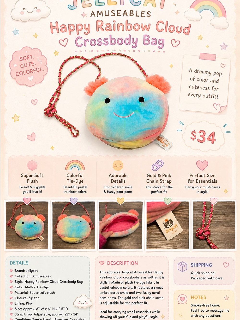 Jellycat Amuseables Rainbow Crossbody Bag